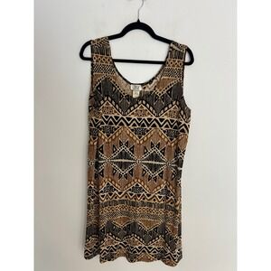 VTG Jostar Women XXL Tribal Geometric‎ Tank Dress Brown Black Stretch Sleeveless